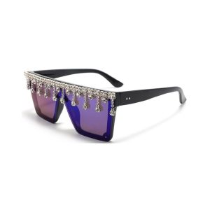 Womens Square Oversized Rhinestone Sunglasses blue