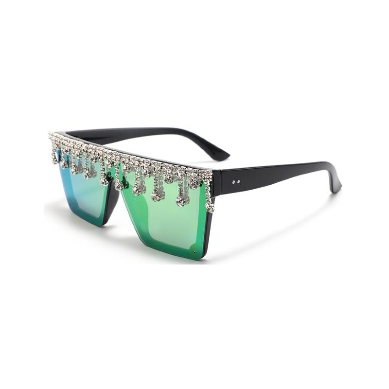 Oversized Flat Top Rhinestone Sunglasses green lenses