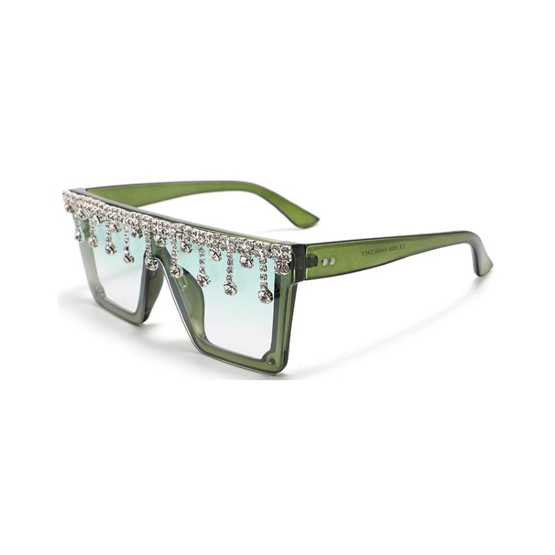 Oversized Flat Top Rhinestone Sunglasses green